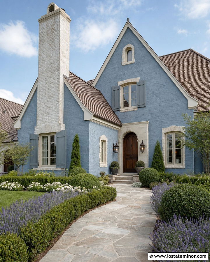 Denim Blue French Country House With Limewashed Chimney - 30 Denim Blue House Design With Chimney Ideas