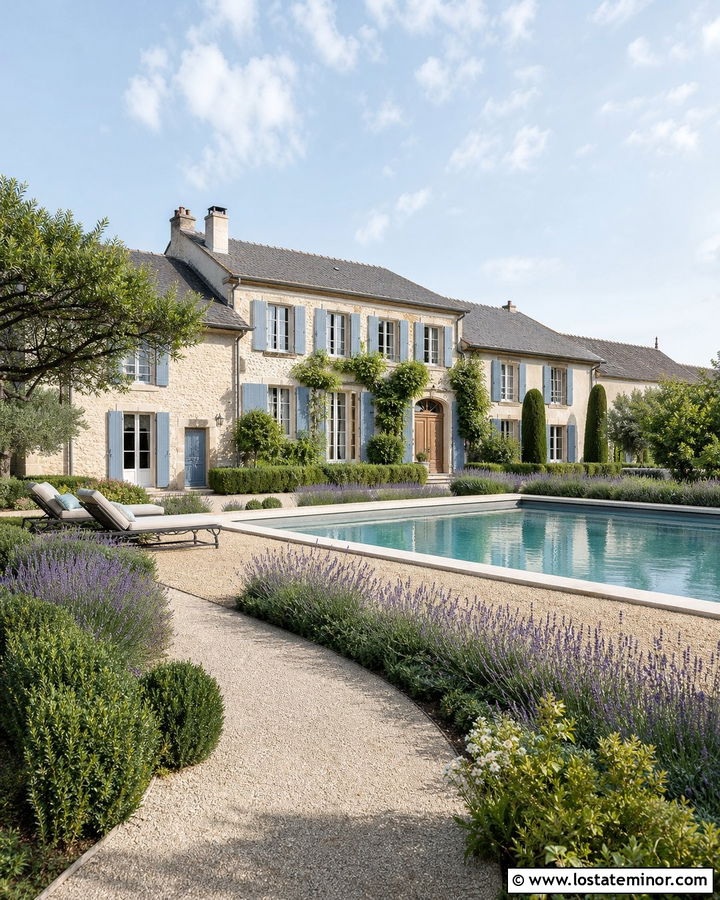 Denim Blue French Country House With Pool And Gravel Terrace - 30 Denim Blue House Design With Swimming Pool Ideas