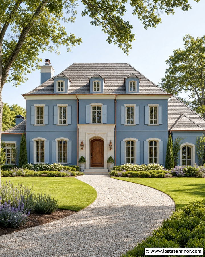 Denim Blue French Country With Hipped Dormers - 30 Denim Blue House Design With Dormers Ideas
