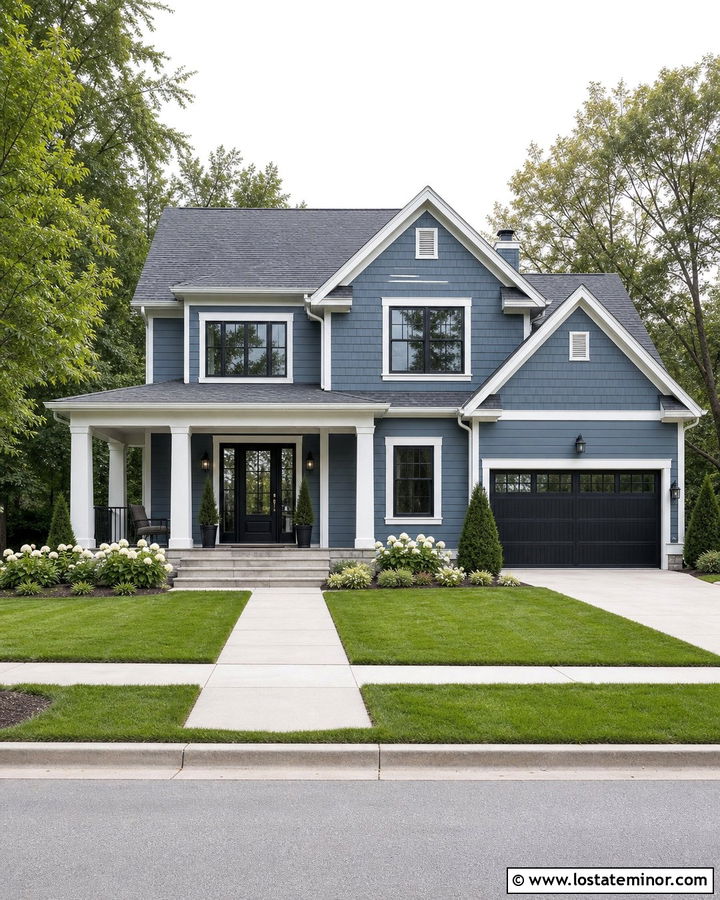Denim Blue Gable House With Black Front Door - 30 Denim Blue House Design With Gables Ideas