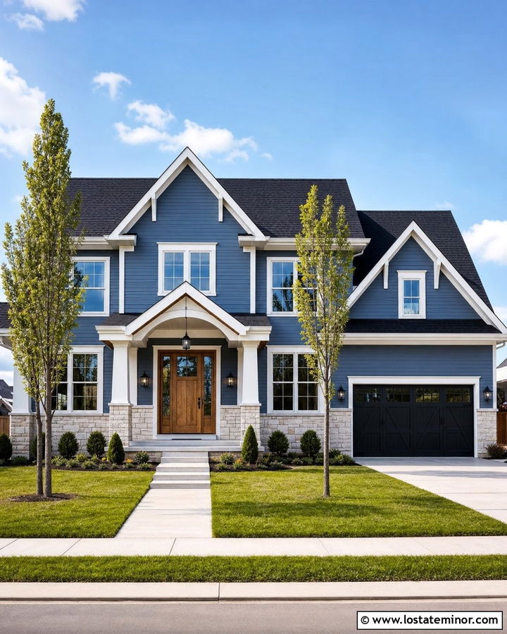 Denim Blue Gable House With Black Roof - 30 Denim Blue House Design With Gables Ideas