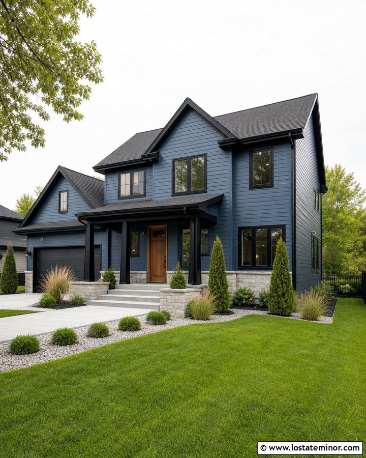 Denim Blue Gable House With Black Trim - 30 Denim Blue House Design With Gables Ideas