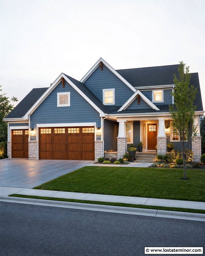 Denim Blue Gable House With Garage Doors - 30 Denim Blue House Design With Gables Ideas