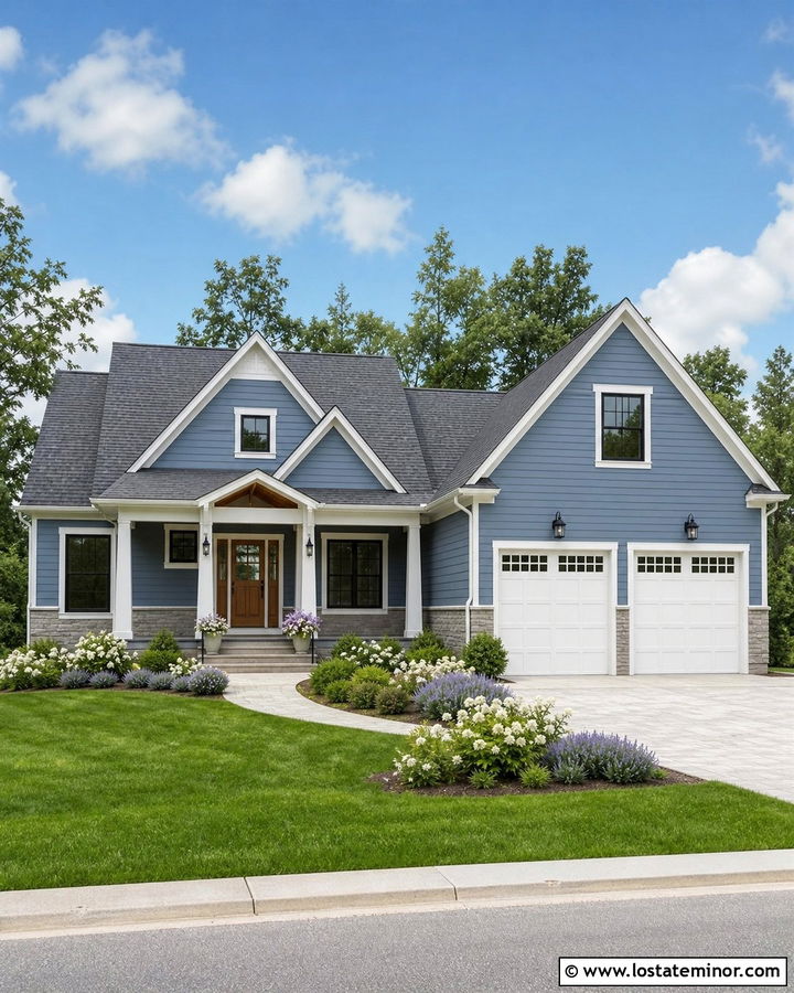 Denim Blue Gable House With Gray Shingle Roof - 30 Denim Blue House Design With Gables Ideas