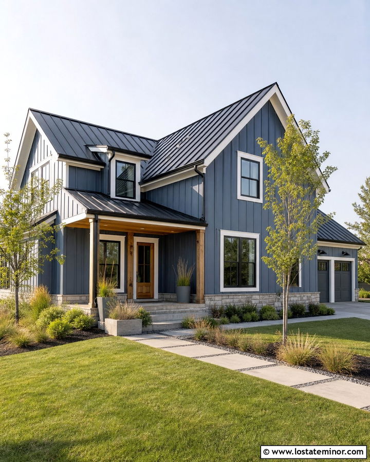 Denim Blue Gable House With Metal Roof - 30 Denim Blue House Design With Gables Ideas