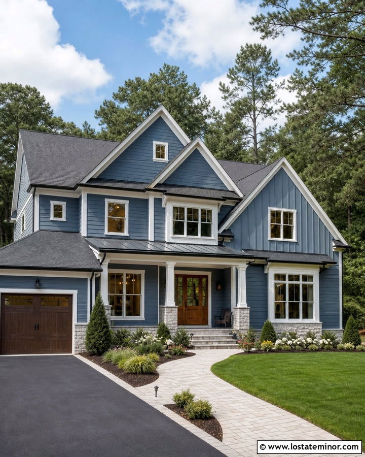 Denim Blue Gable House With Mixed Siding - 30 Denim Blue House Design With Gables Ideas