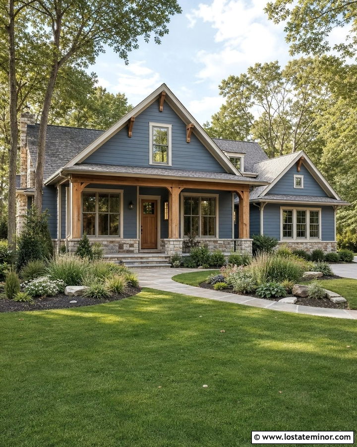 Denim Blue Gable House With Natural Wood Accents - 30 Denim Blue House Design With Gables Ideas