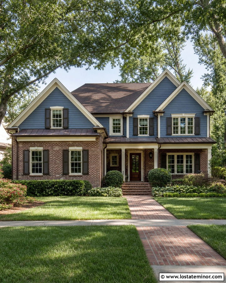 Denim Blue Gable House With Red Brick - 30 Denim Blue House Design With Gables Ideas