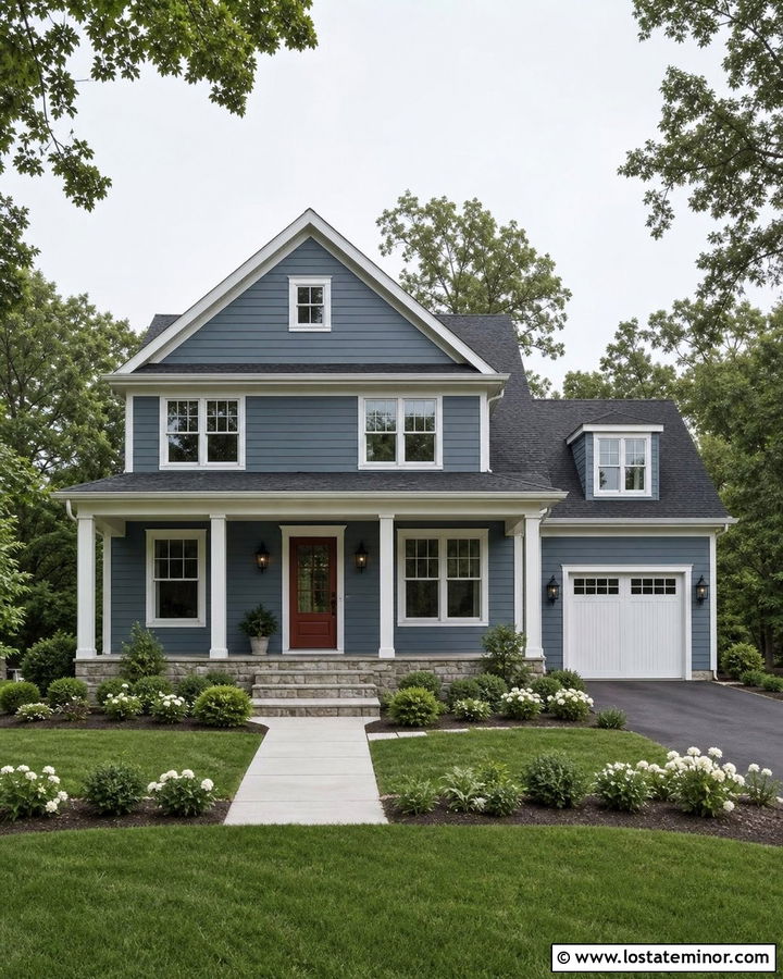 Denim Blue Gable House With Red Front Door - 30 Denim Blue House Design With Gables Ideas