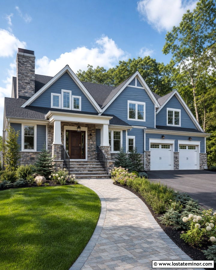 Denim Blue Gable House With Stone Veneer - 30 Denim Blue House Design With Gables Ideas
