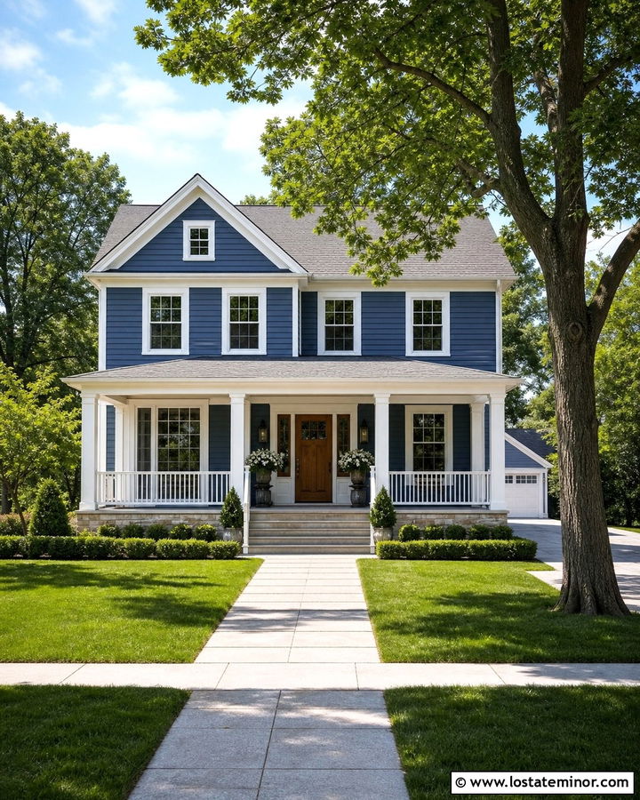 Denim Blue Gable House With White Columns - 30 Denim Blue House Design With Gables Ideas