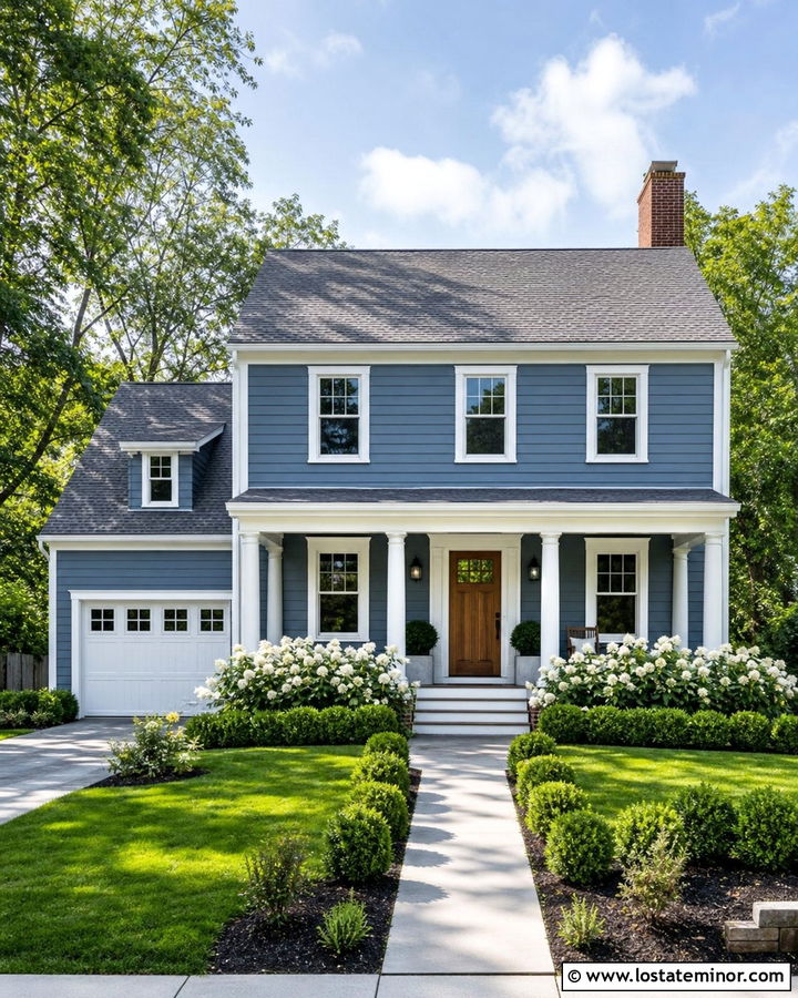 Denim Blue Gable House With White Trim - 30 Denim Blue House Design With Gables Ideas