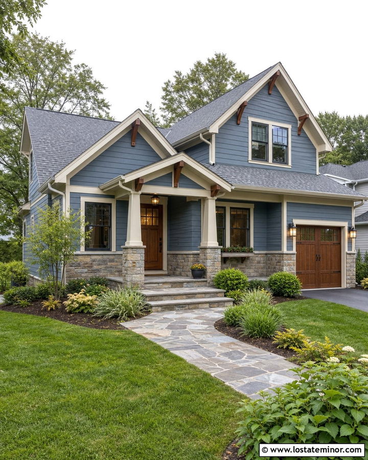 Denim Blue Gable House With Wood Front Door - 30 Denim Blue House Design With Gables Ideas