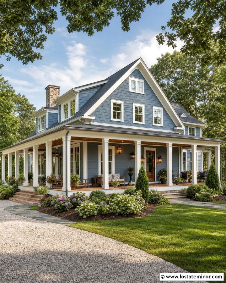 Denim Blue Gable House With Wraparound Porch - 30 Denim Blue House Design With Gables Ideas
