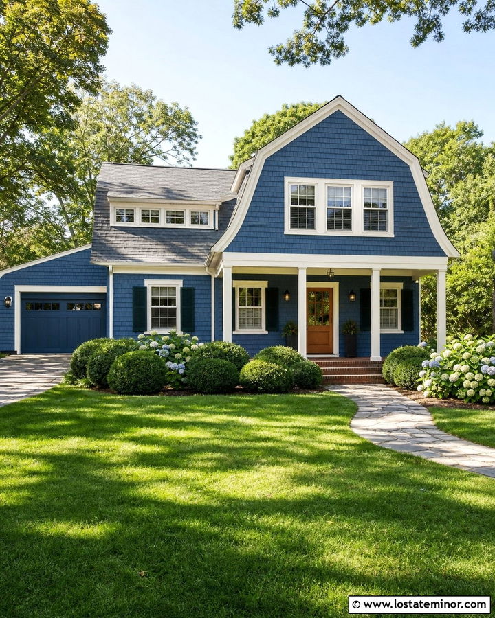 Denim Blue Gambrel House With Long Dormer - 30 Denim Blue House Design With Dormers Ideas