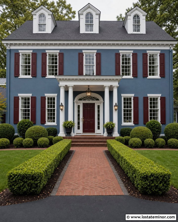 Denim Blue Georgian House With Burgundy Shutters - 30 Denim Blue House Design With Shutters Ideas