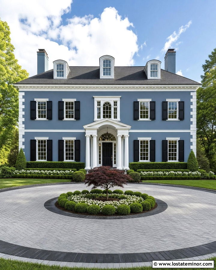Denim Blue Georgian House With Circular Paver Driveway - 30 Denim Blue House Design With Driveway Ideas