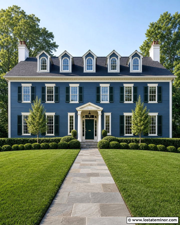 Denim Blue Georgian House With Symmetrical Dormers - 30 Denim Blue House Design With Dormers Ideas