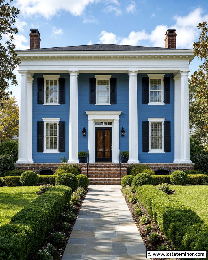 Denim Blue Greek Revival With Black Screen Door - 30 Denim Blue House Design With Screen Door Ideas