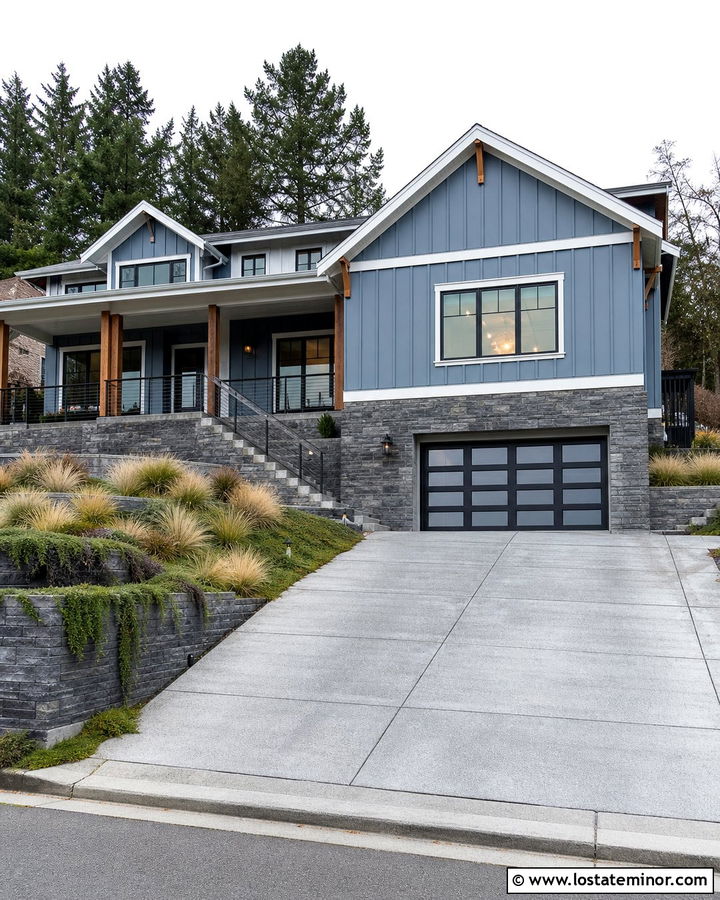 Denim Blue Hillside House With Sloped Driveway - 30 Denim Blue House Design With Driveway Ideas