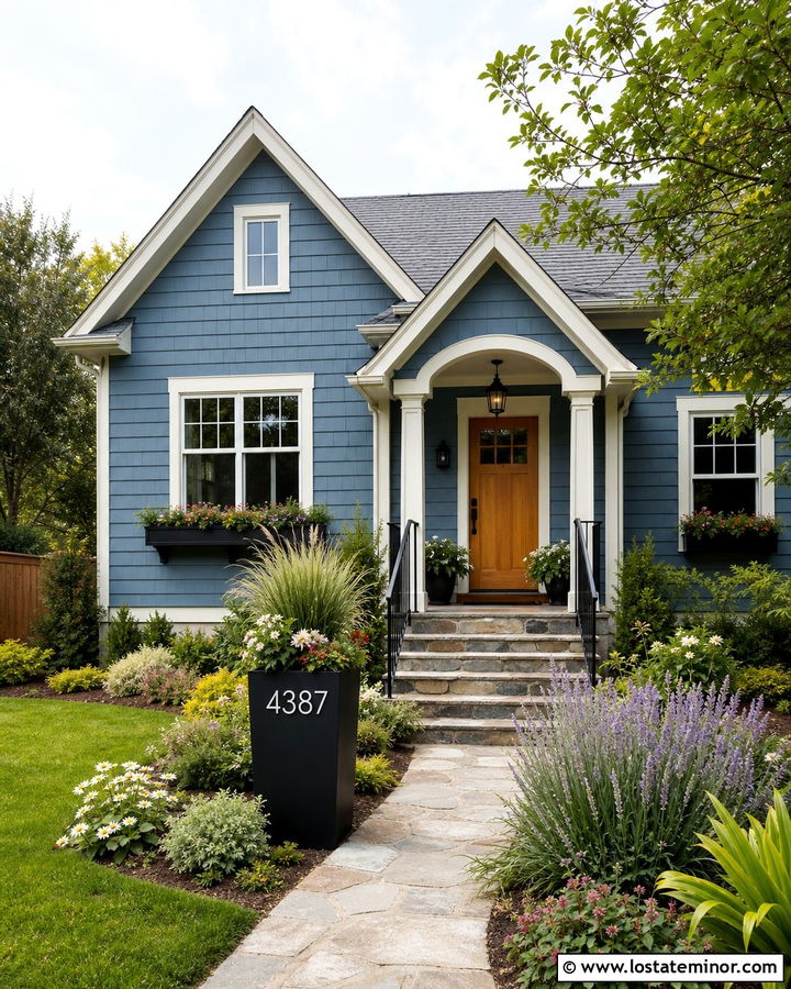 Denim Blue House With Address Planter - 30 Denim Blue House Design With House Numbers Ideas