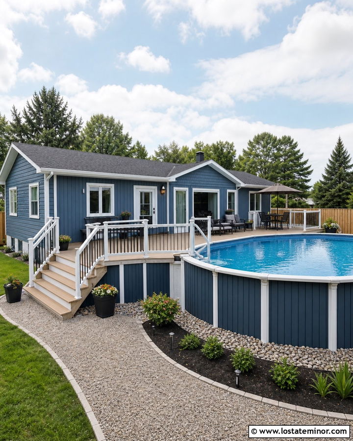 Denim Blue House With Affordable Above Ground Pool - 30 Denim Blue House Design With Swimming Pool Ideas