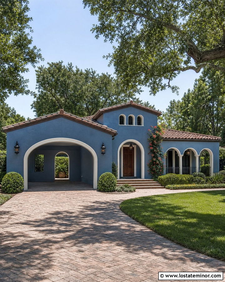 Denim Blue House With Arched Carport Entry - 30 Denim Blue House Design With Carport Ideas