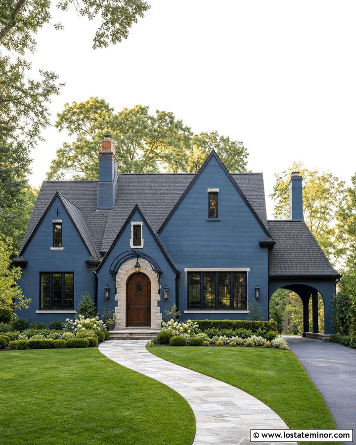 Denim Blue House With Arched Door Awning - 30 Denim Blue House Design With Awning Ideas