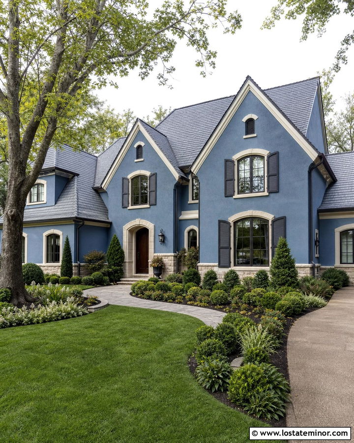 Denim Blue House With Arched Shutters - 30 Denim Blue House Design With Shutters Ideas
