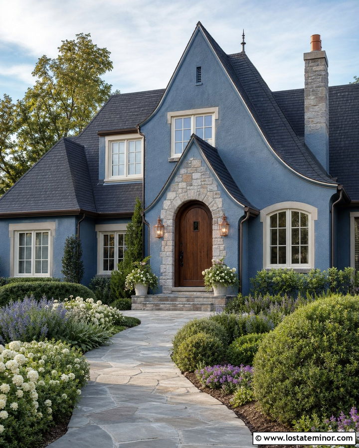 Denim Blue House With Arched Walnut Front Door - 30 Denim Blue House Design With Entry Door Ideas