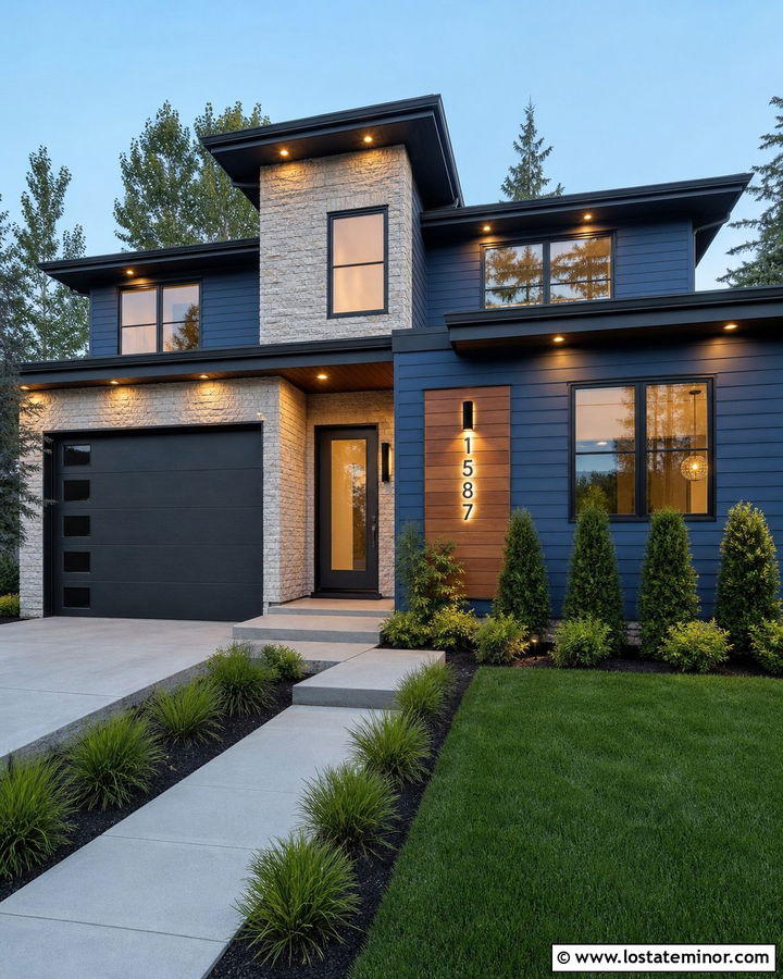 Denim Blue House With Backlit Address Numbers - 30 Denim Blue House Design With Lighting Ideas
