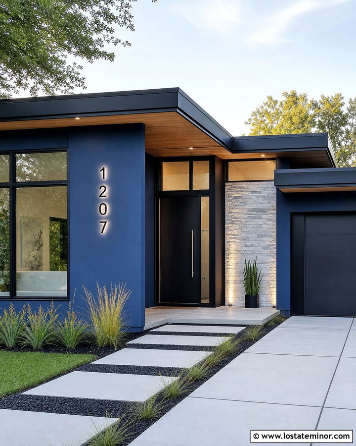 Denim Blue House With Backlit House Numbers - 30 Denim Blue House Design With House Numbers Ideas