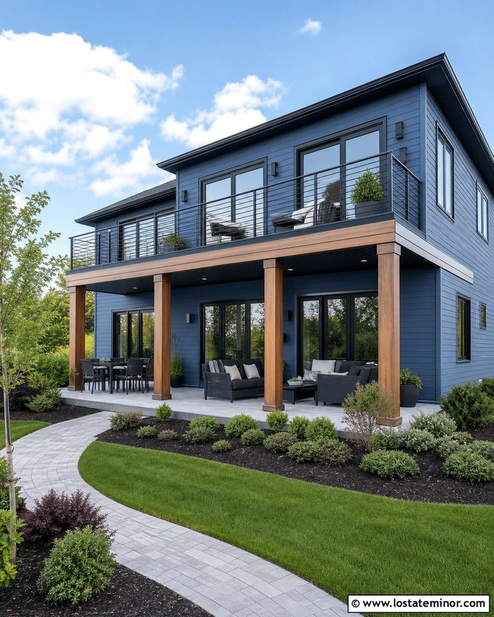 Denim Blue House With Backyard Balcony - 30 Denim Blue House Design With Backyard Ideas