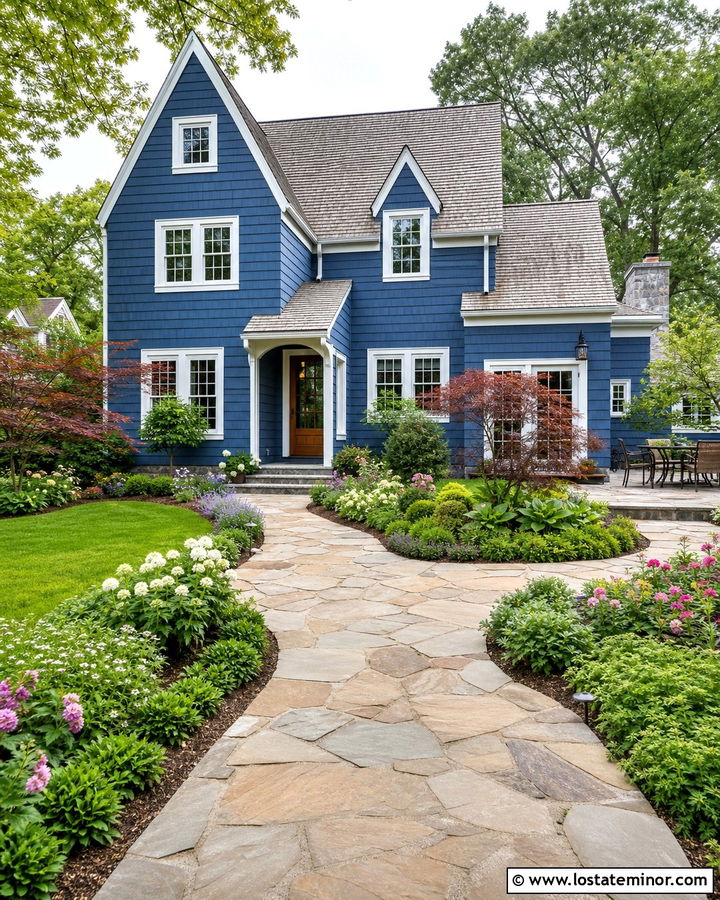 Denim Blue House With Backyard Garden Path - 30 Denim Blue House Design With Backyard Ideas