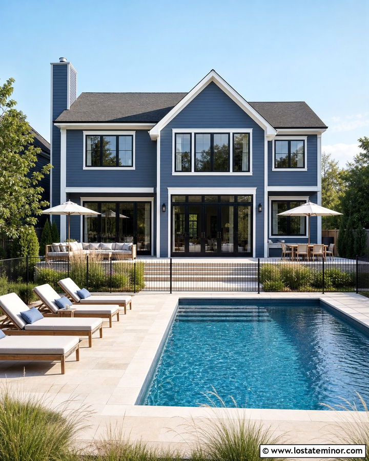 Denim Blue House With Backyard Pool - 30 Denim Blue House Design With Backyard Ideas