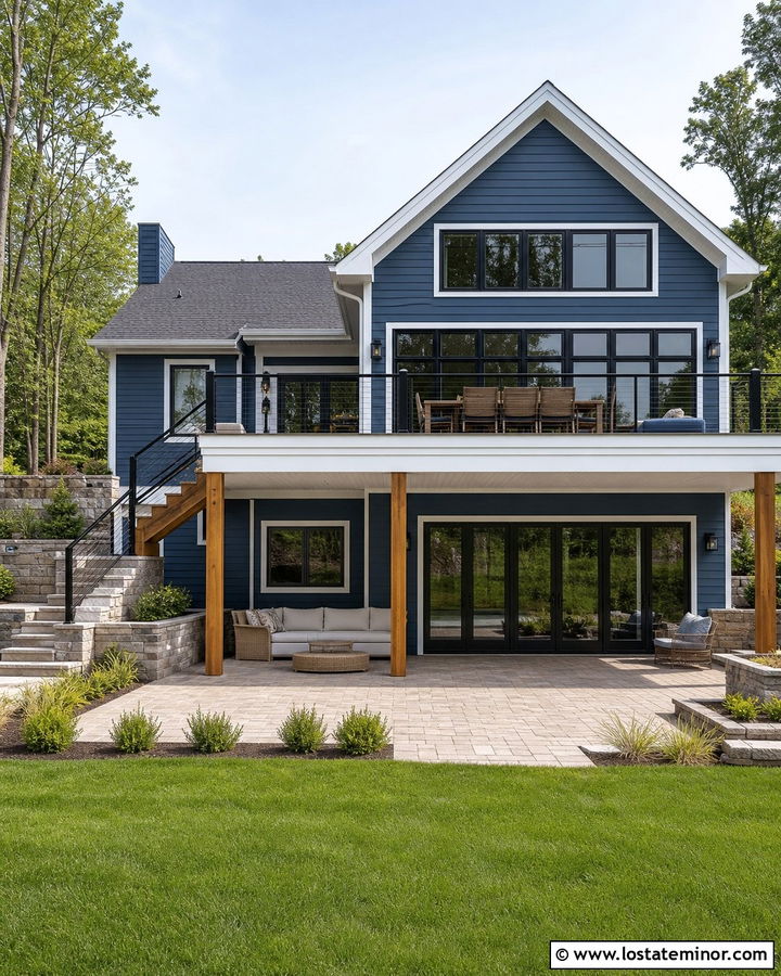 Denim Blue House With Basement Walkout Patio - 30 Denim Blue House Design With Backyard Ideas