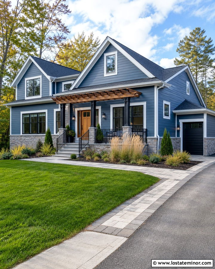 Denim Blue House With Black And Wood Pergola - 30 Denim Blue House Design With Pergola Ideas