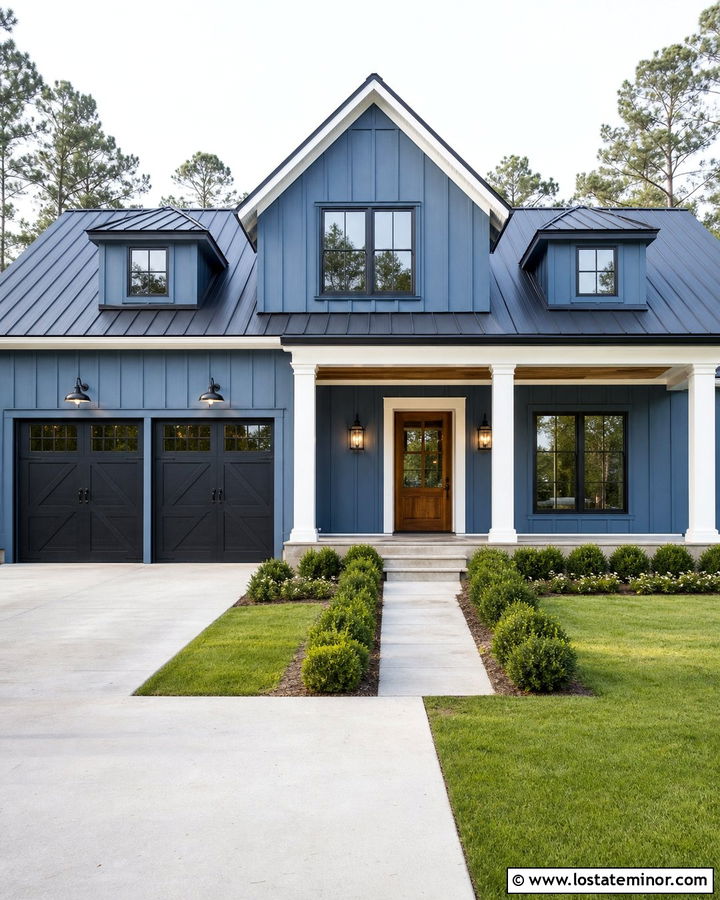 Denim Blue House With Black Carriage Garage Door - 30 Denim Blue House Design With Garage Door Ideas