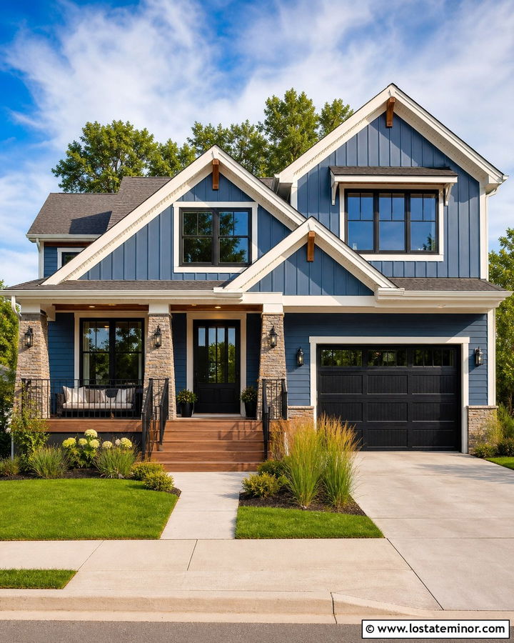 Denim Blue House With Black Deck Railings - 30 Denim Blue House Design With Deck Ideas