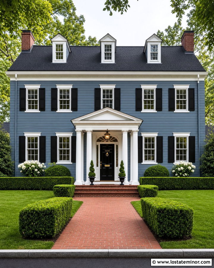 Denim Blue House With Black Door And Brass Numbers - 30 Denim Blue House Design With House Numbers Ideas