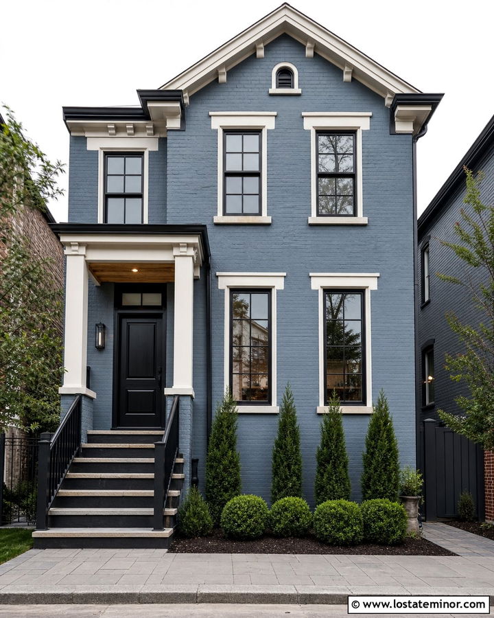 Denim Blue House With Black Door And Steps - 30 Denim Blue House Design With Steps Ideas
