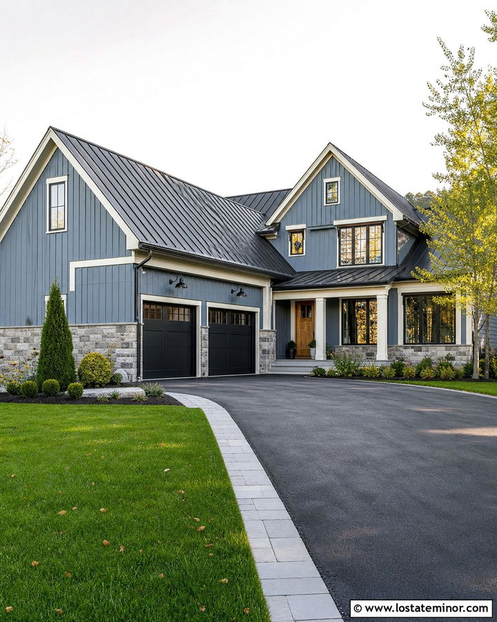 Denim Blue House With Black Garage And Barn Lights - 30 Denim Blue House Design With Light Fixtures Ideas
