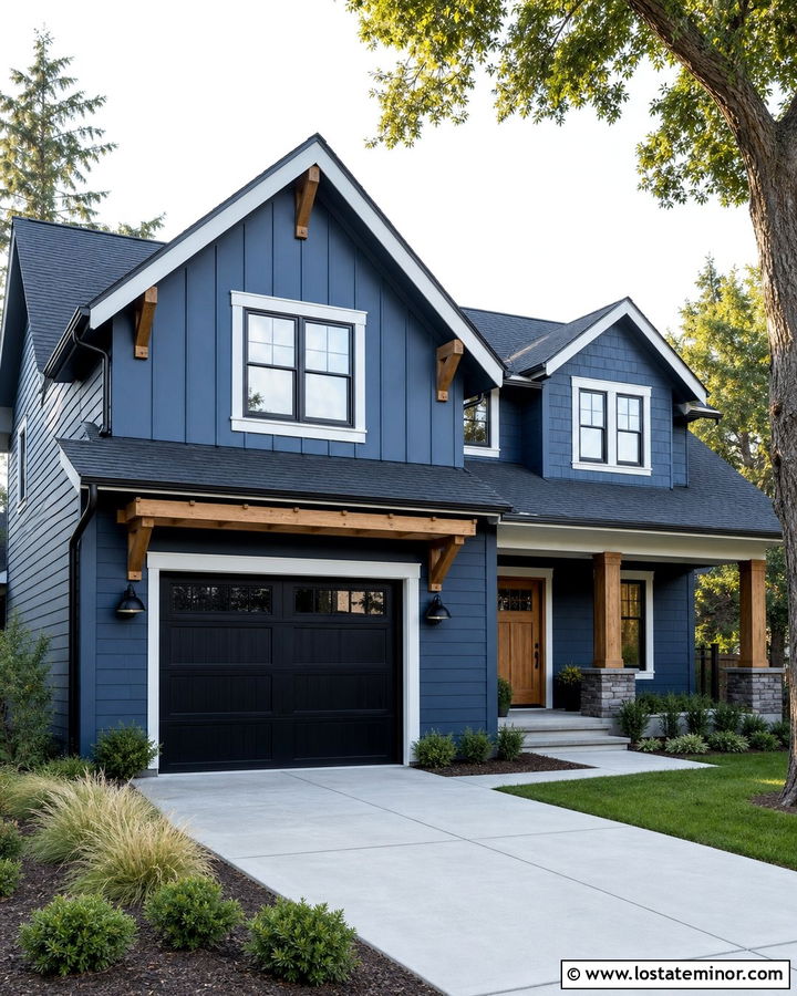 Denim Blue House With Black Garage Door And Cedar Awning - 30 Denim Blue House Design With Garage Door Ideas