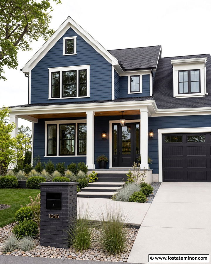 Denim Blue House With Black Mailbox Pillar - 30 Denim Blue House Design With Mailbox Ideas