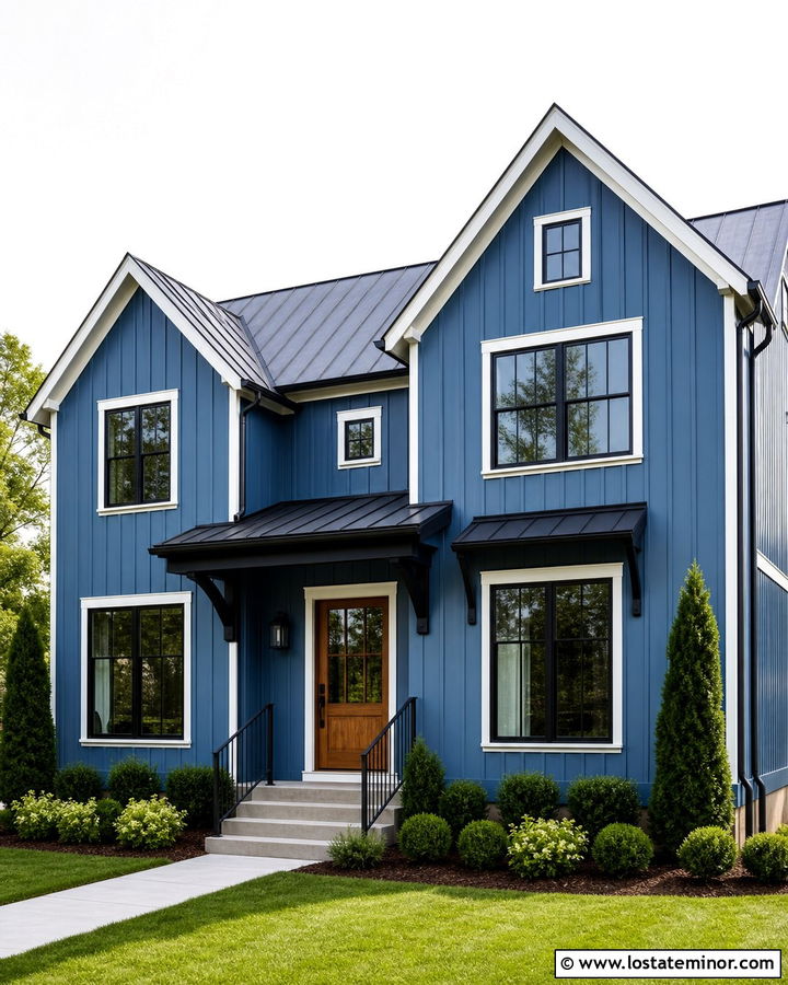 Denim Blue House With Black Metal Awning - 30 Denim Blue House Design With Awning Ideas