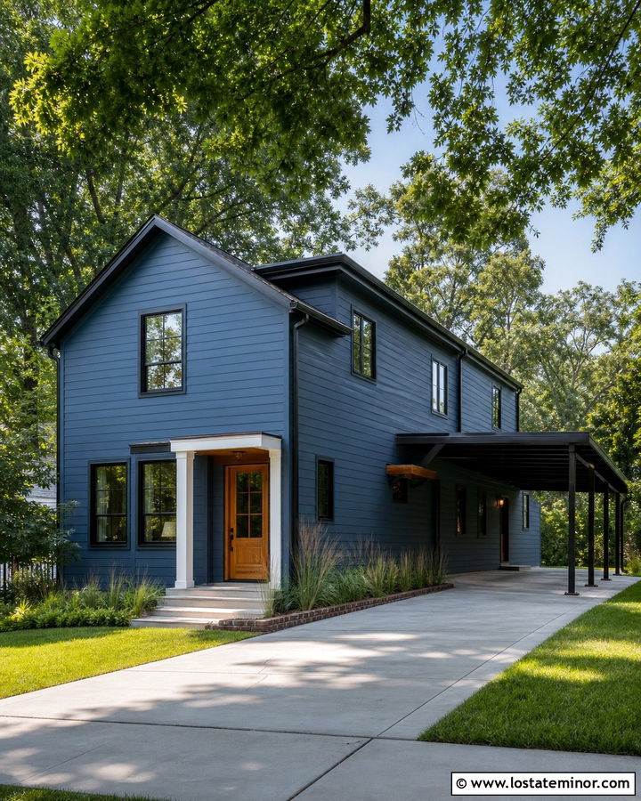 Denim Blue House With Black Metal Carport - 30 Denim Blue House Design With Carport Ideas