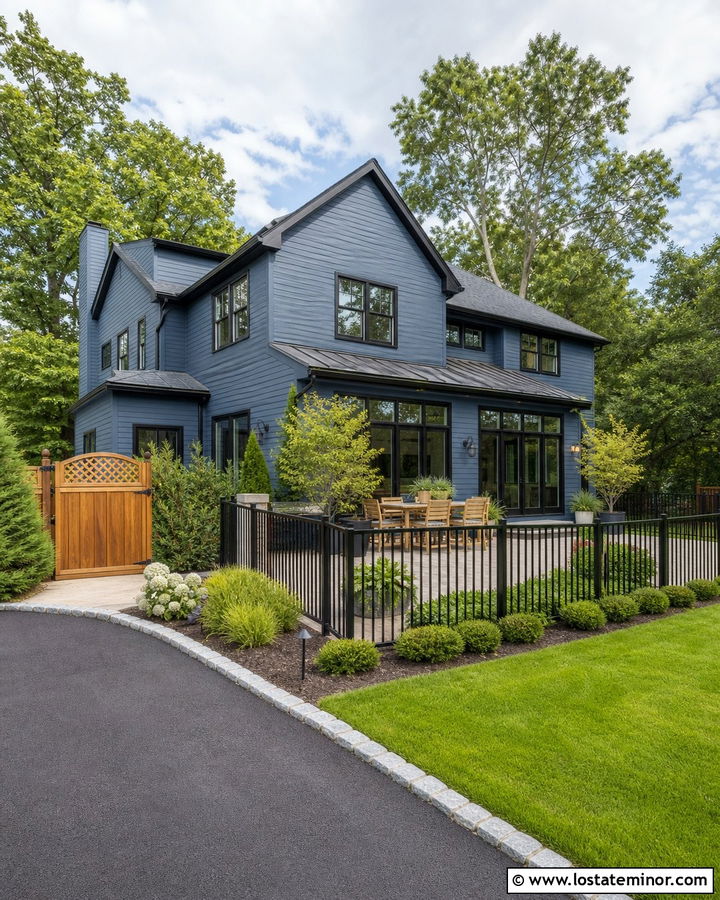 Denim Blue House With Black Metal Fence - 30 Denim Blue House Design With Backyard Ideas