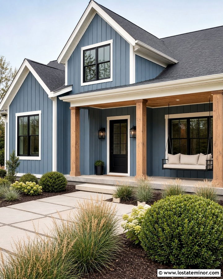 Denim Blue House With Black Metal Swing - 30 Denim Blue House Design With Swing Ideas