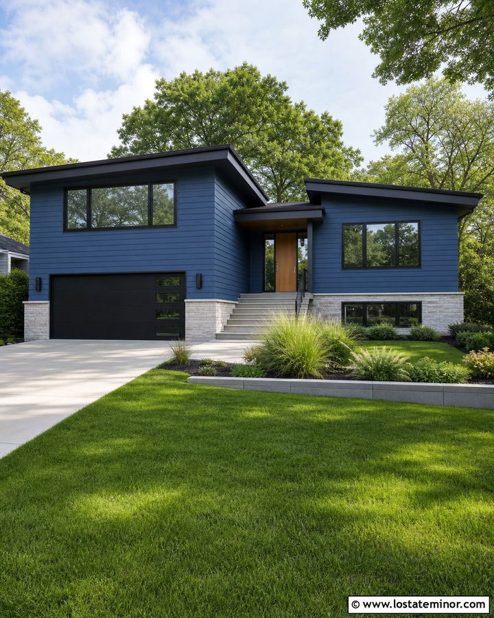 Denim Blue House With Black Modern Garage Door - 30 Denim Blue House Design With Garage Door Ideas