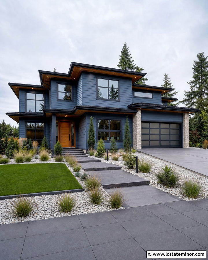Denim Blue House With Black Paver Walkway - 30 Denim Blue House Design With Walkway Ideas